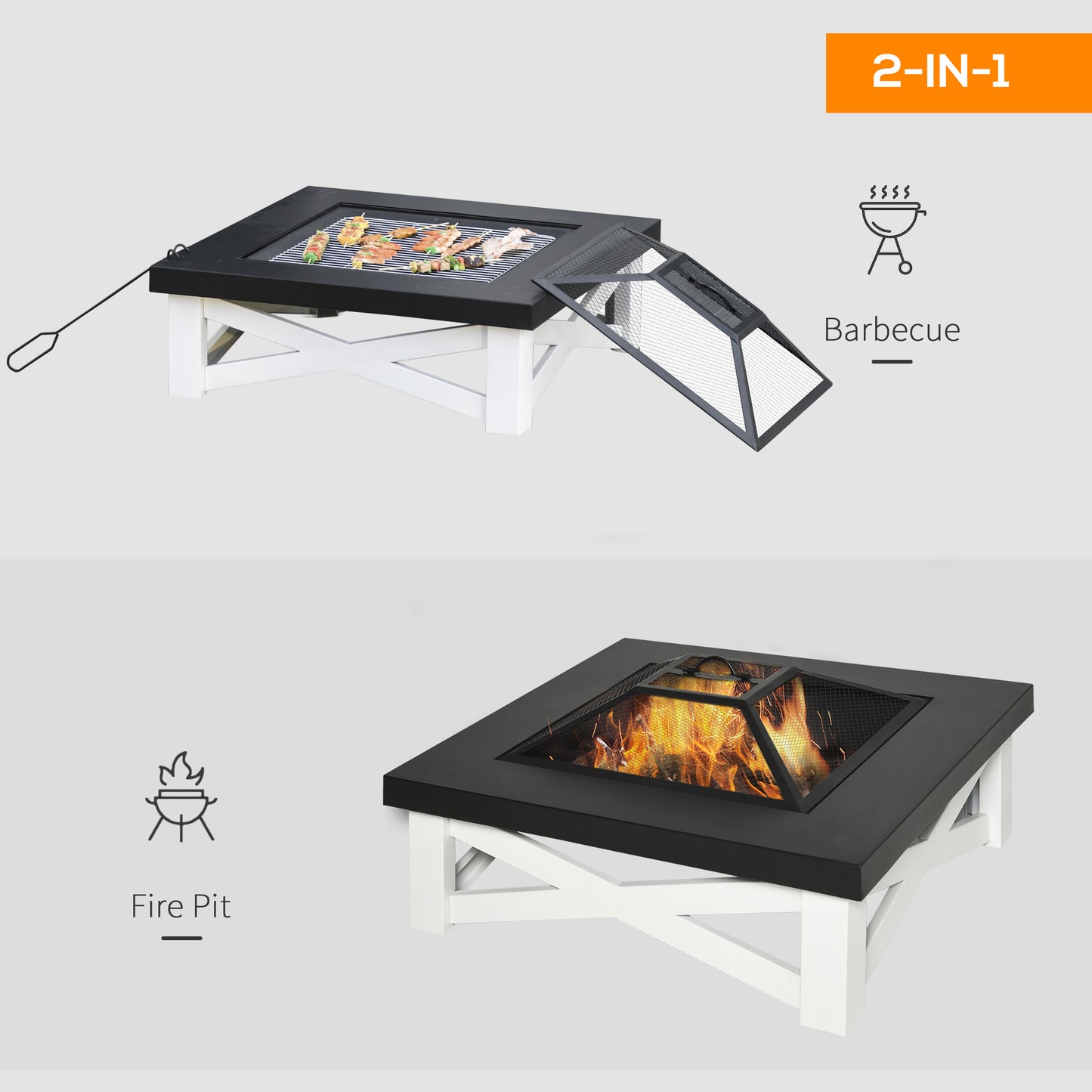 Outsunny Metal Large Firepit Outdoor 3 in 1 Square Fire Pit Brazier w/ BBQ Grill