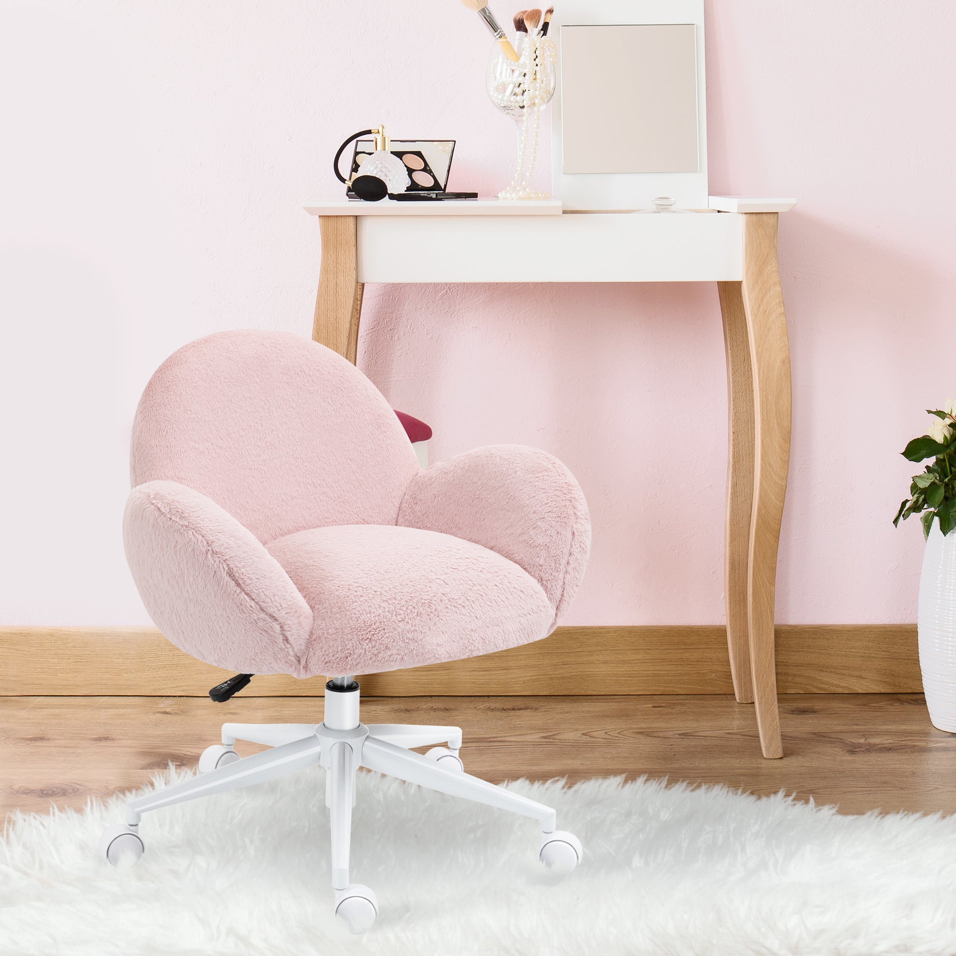 Homcom Fluffy Leisure Chair Office Chair with Backrest and Armrest for Home Bedroom Living Room with Wheels Pink