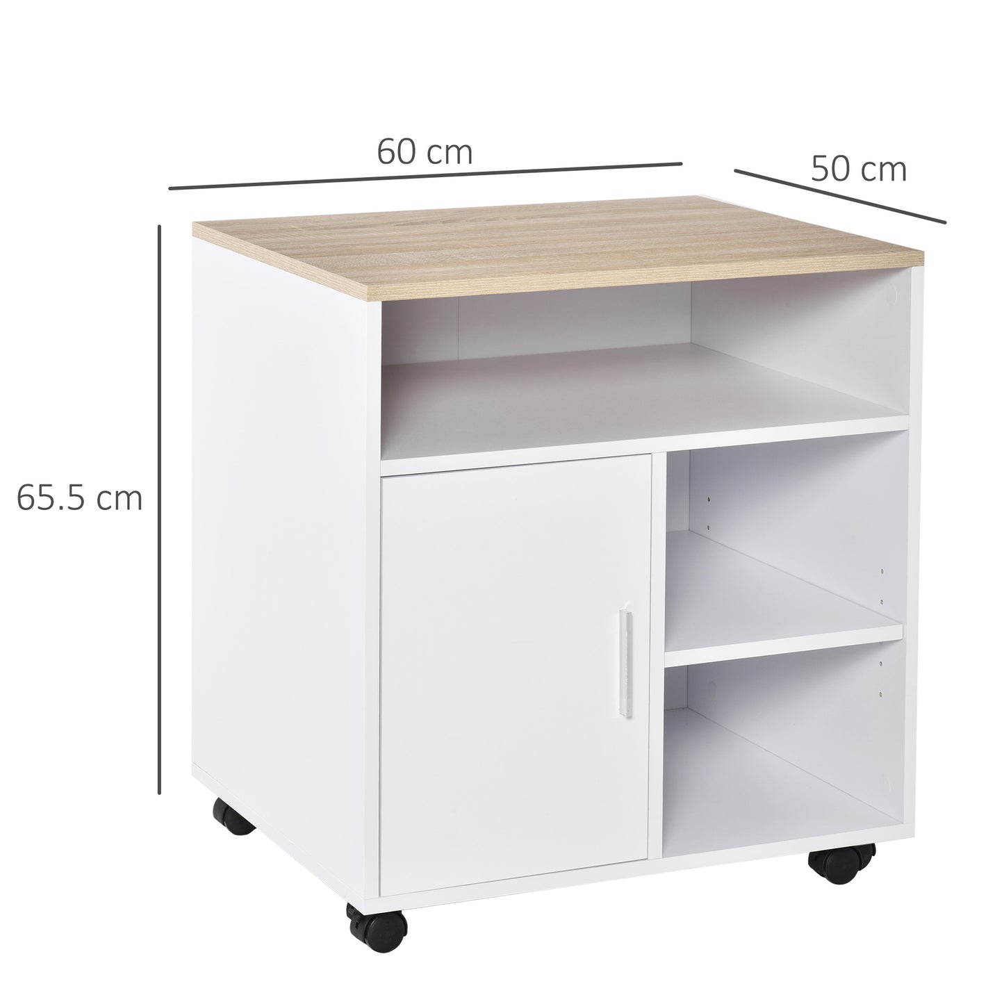 Homcom Multi-Storage Printer Stand Unit Office Desk Side Mobile Storage w/ Wheels Modern Style 60L x 50W x 65.5H cm - Oak