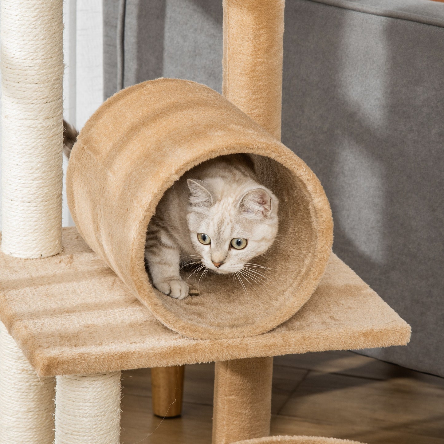 PawHut 121cm Cat Tree Tower for Indoor Cats Kitten Activity Centre Scratching Post with Bed Tunnel Perch Interactive Ball Toy Brown