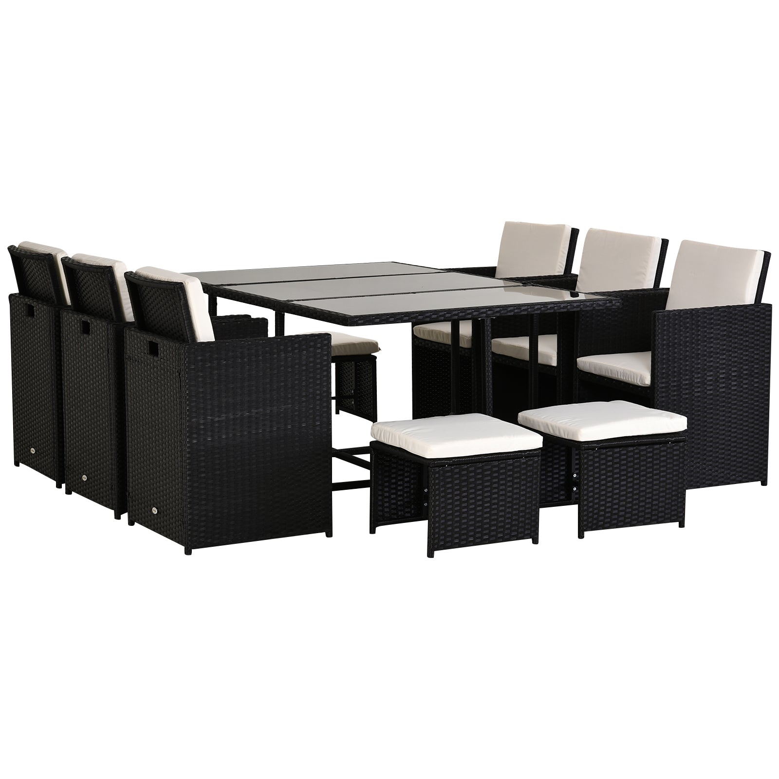 Outsunny Rattan Dining Set Garden Furniture Patio set 11 PC with Cushion Black /Milk White