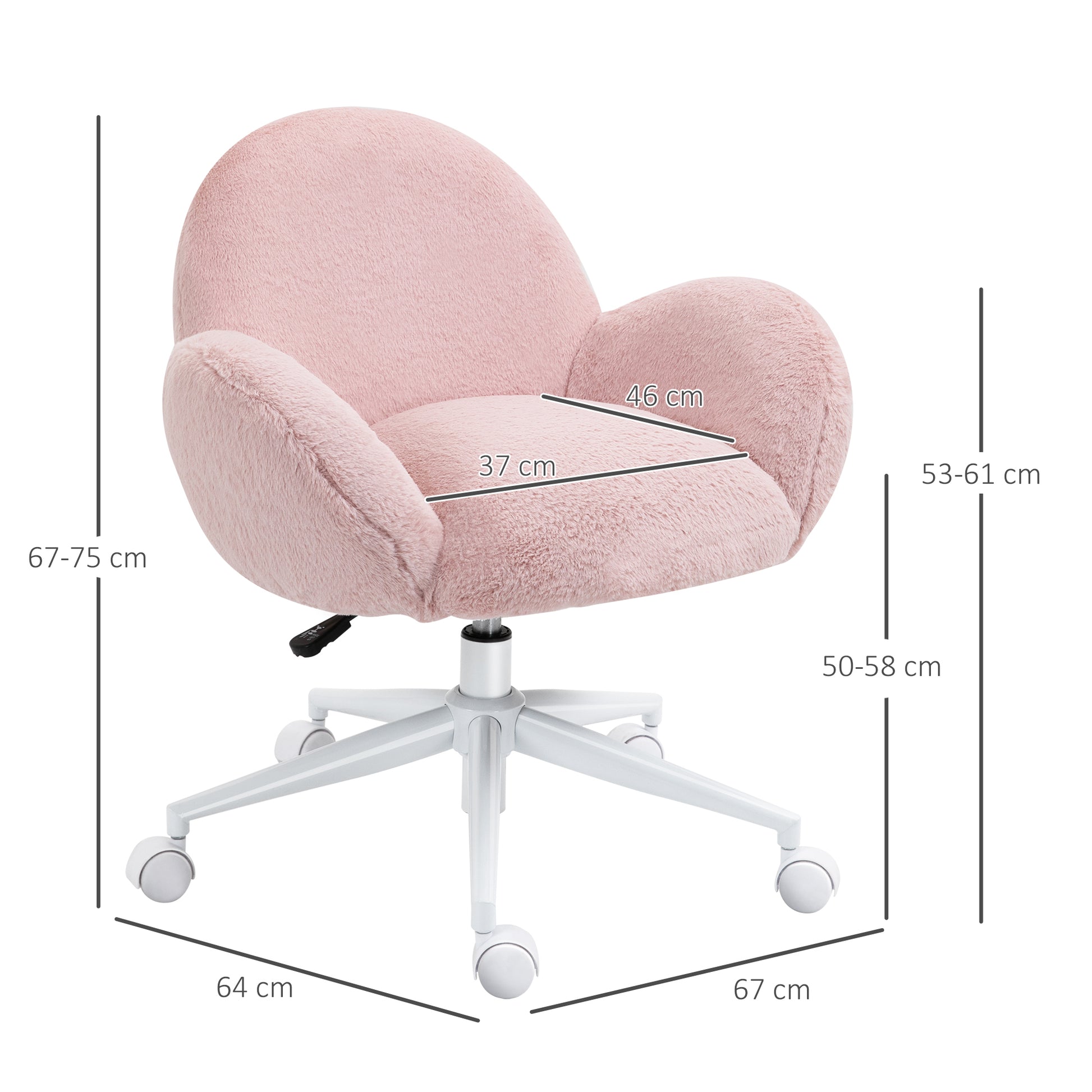 Homcom Fluffy Leisure Chair Office Chair with Backrest and Armrest for Home Bedroom Living Room with Wheels Pink