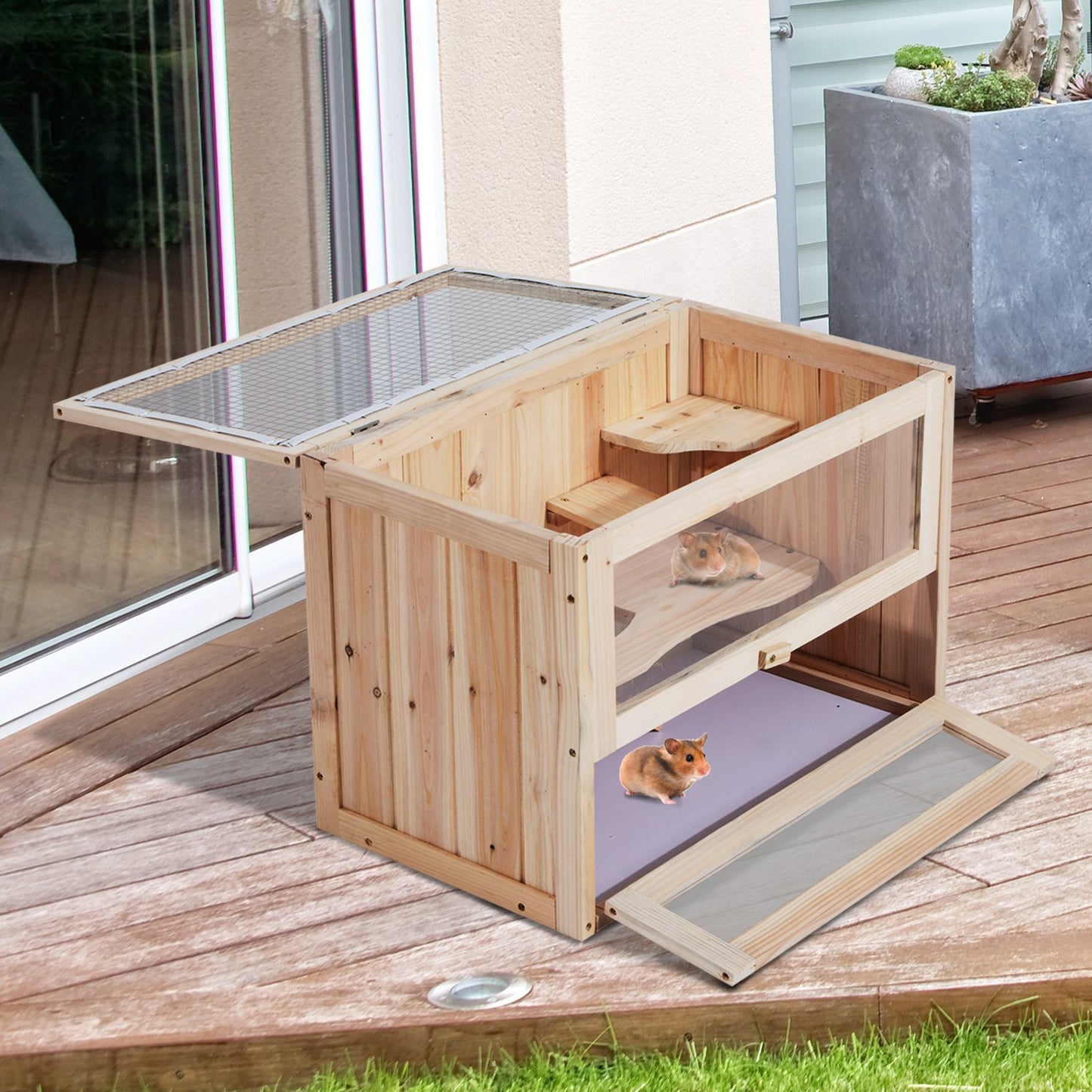 Pawhut Wooden Hamster Cage Mouse Mice Rodent Small Animals Hutch Exercise Play House 60 X 35 X 42Cm