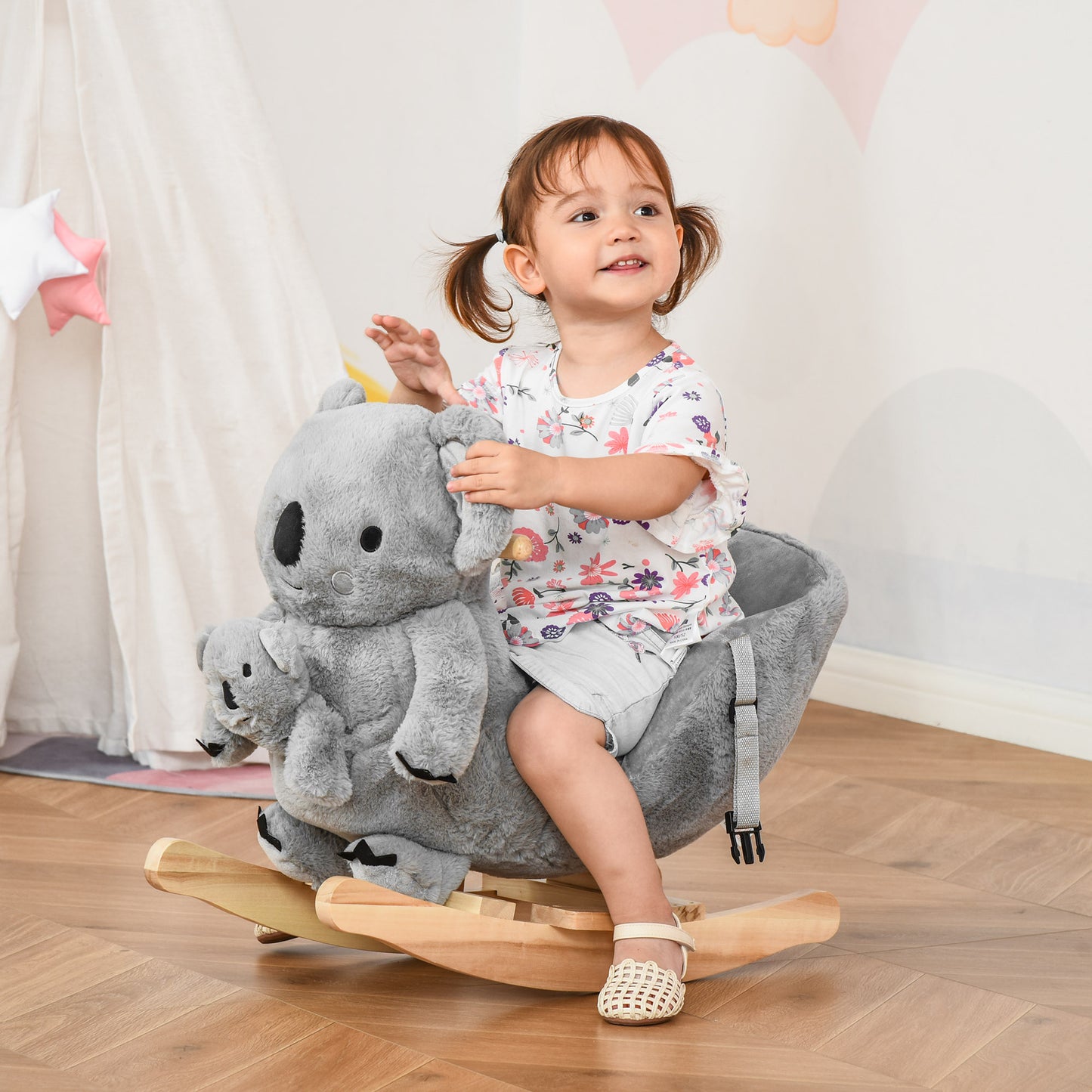 Homcom Kids Plush Ride-On Rocking Horse Koala-Shaped Toy Rocker With Gloved Doll Grey