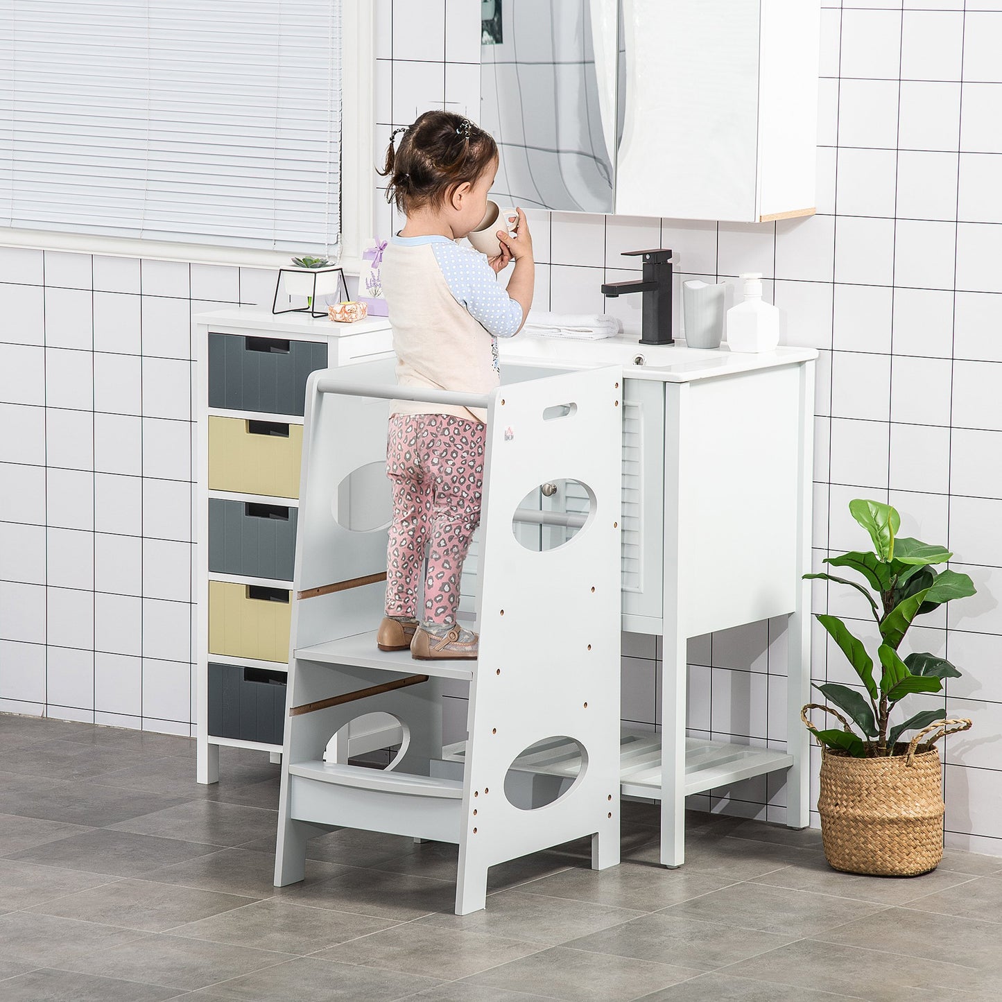 Homcom Kids Step Stool Toddler Kitchen Stool Tower with Adjustable Standing Platform