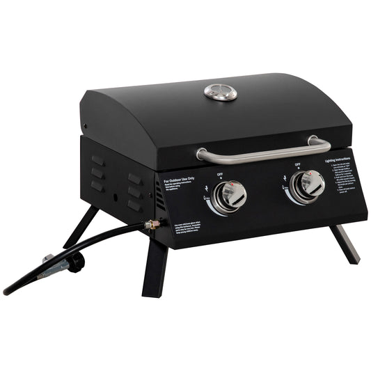 Outsunny 2 Burner Gas BBQ Grill Outdoor Portable Folding Tabletop Barbecue w/ Lid