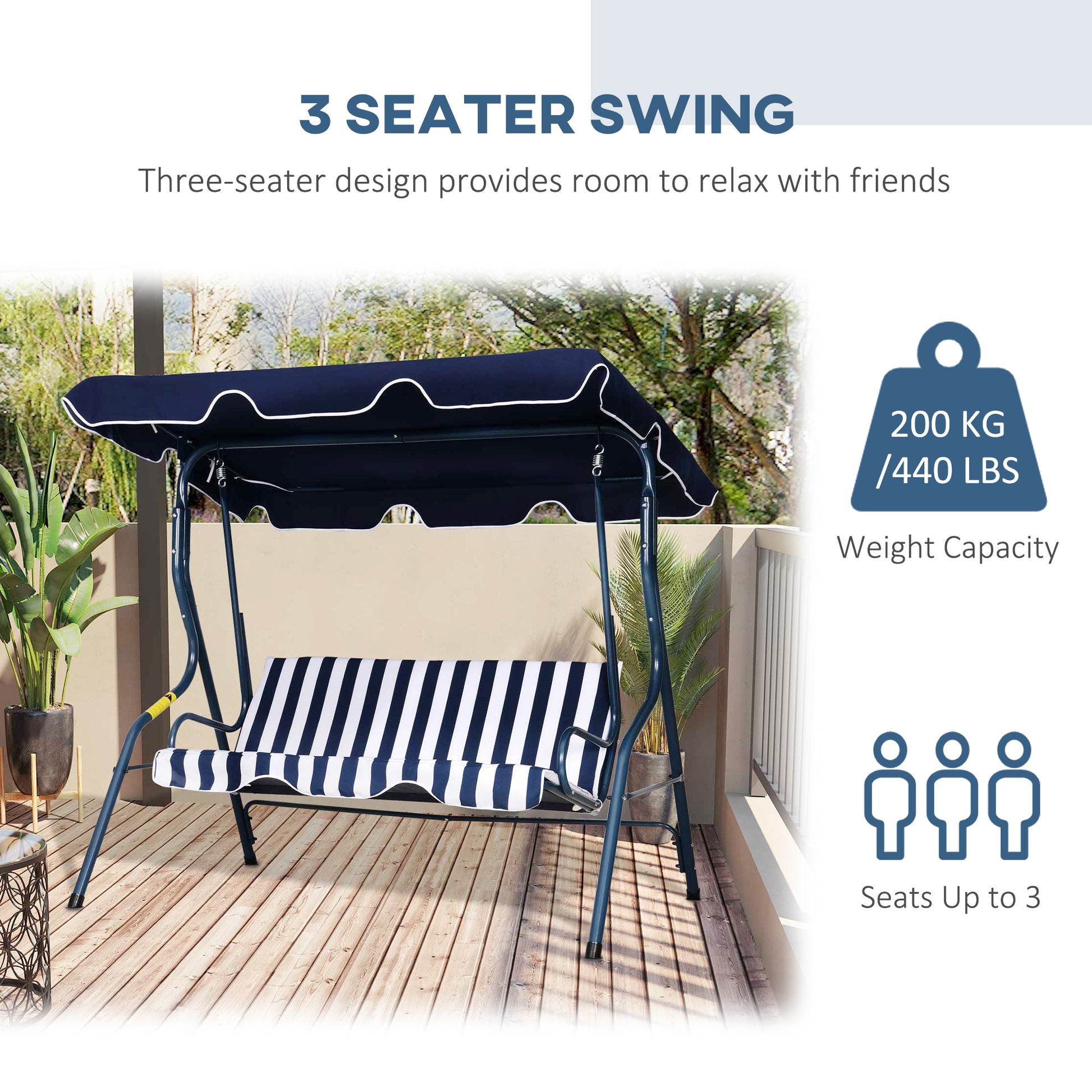 Outsunny 3 Seater Canopy Swing Chair Outdoor Garden Bench With Adjustable Canopy And Metal Frame - Blue Stripes