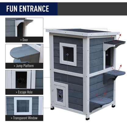 PawHut Wooden Cat House 2-Floor Outdoor Kitten Shelter with Window Grey