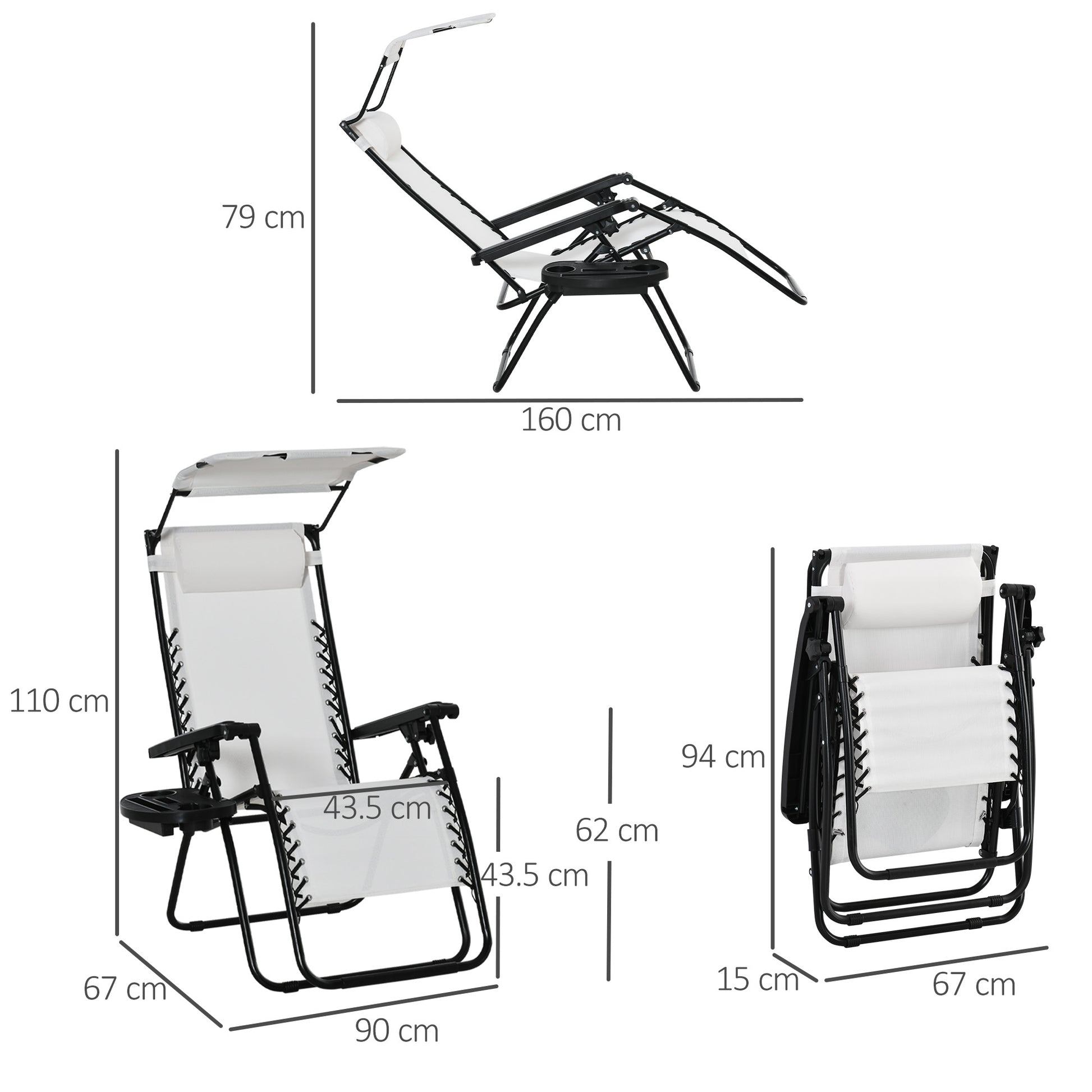 Outsunny Zero Gravity Garden Folding Patio Sun Lounger w/Cup Holder & Canopy Shade White