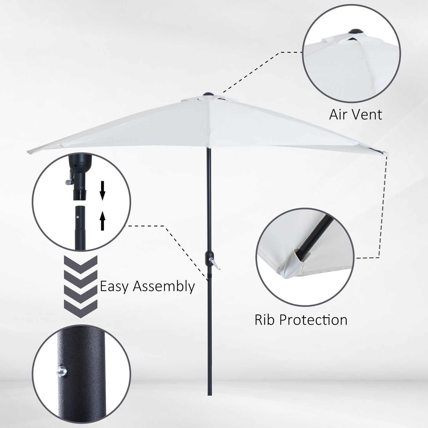 Outsunny 3(m) Half Parasol Semi Round Umbrella Patio Metal Frame Crank Handle for Balcony-- NO BASE INCLUDED