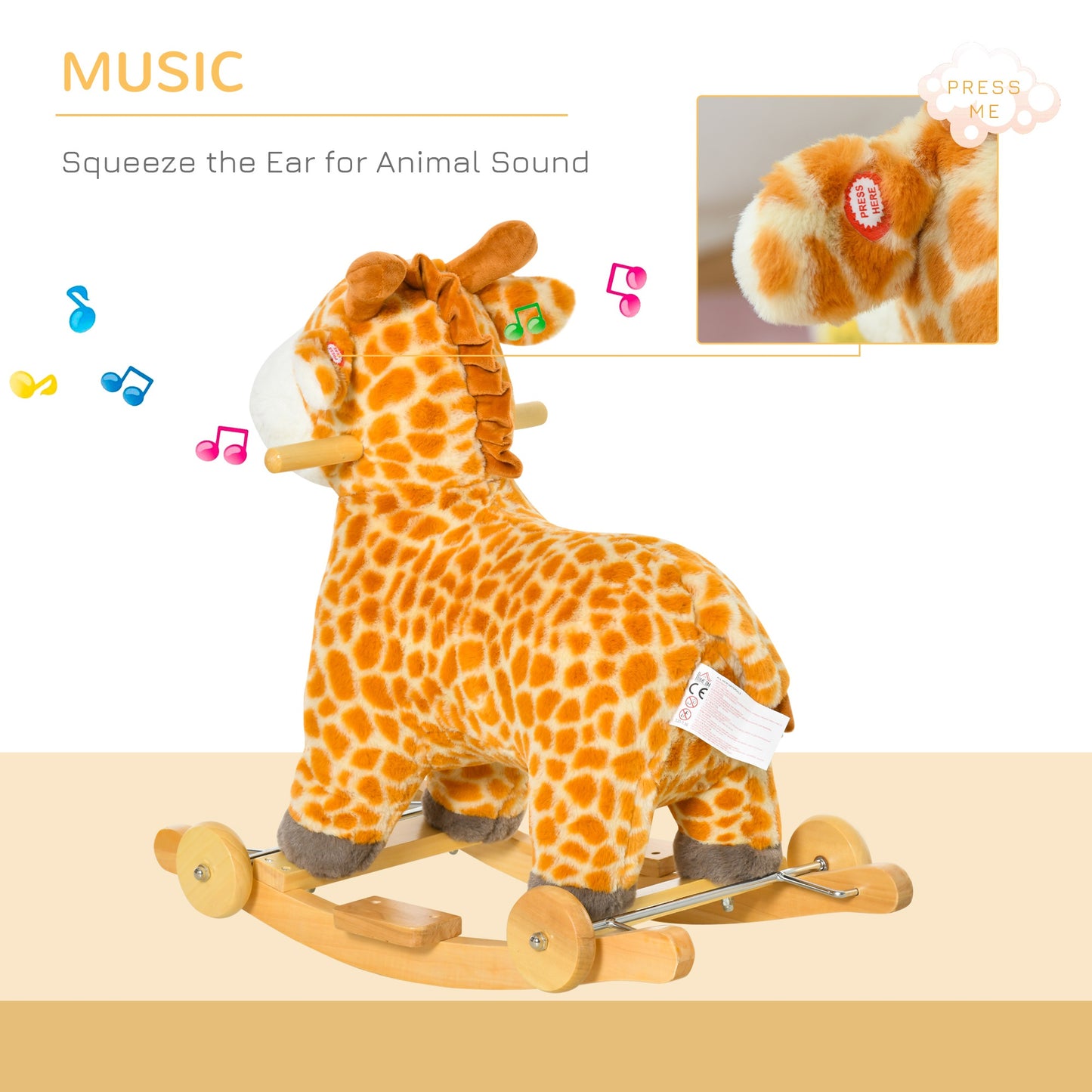 Homcom 2 In 1 Kids Todder Rocking Horse Plush Ride On Giraffe Rocker with Wheels Wooden Base Animal Sounds for 36-72 Months