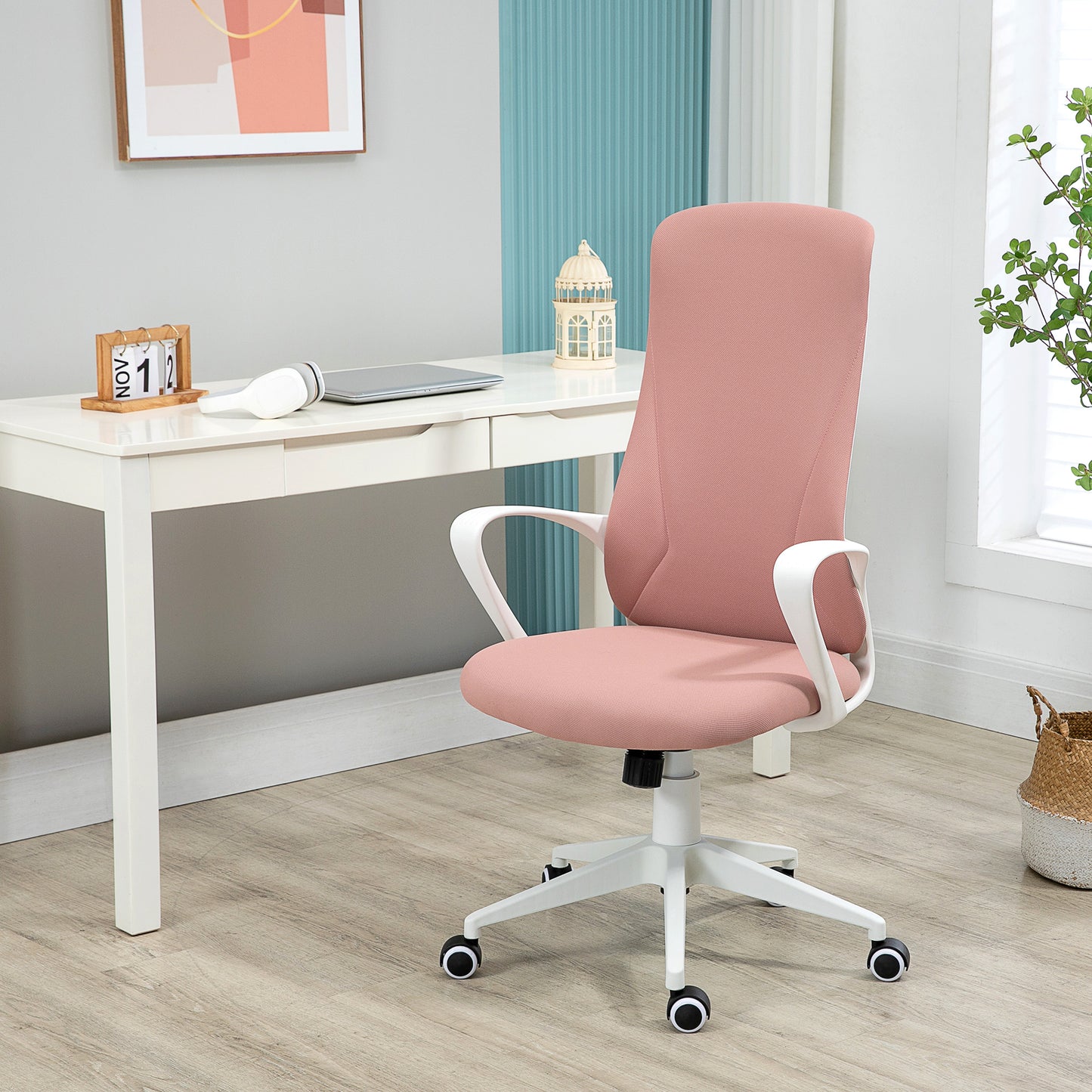 Vinsetto High Back Office Chair Fabric Desk Chair With Armrests Adjustable Height Swivel Wheels Pink