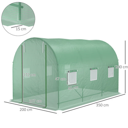 Outsunny 3.5 X 2M Walk-In Polytunnel Greenhouse With Steel Frame Pe Cover Roll-Up Door And 6 Windows Green