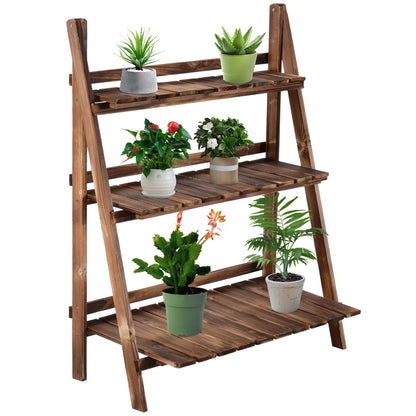 Outsunny Wooden Folding Flower Pot Stand 3 Tier Garden Planter Display Ladder Gardener Storage Shelves Rack Herb Holder (80L x 37W x 93H (cm))