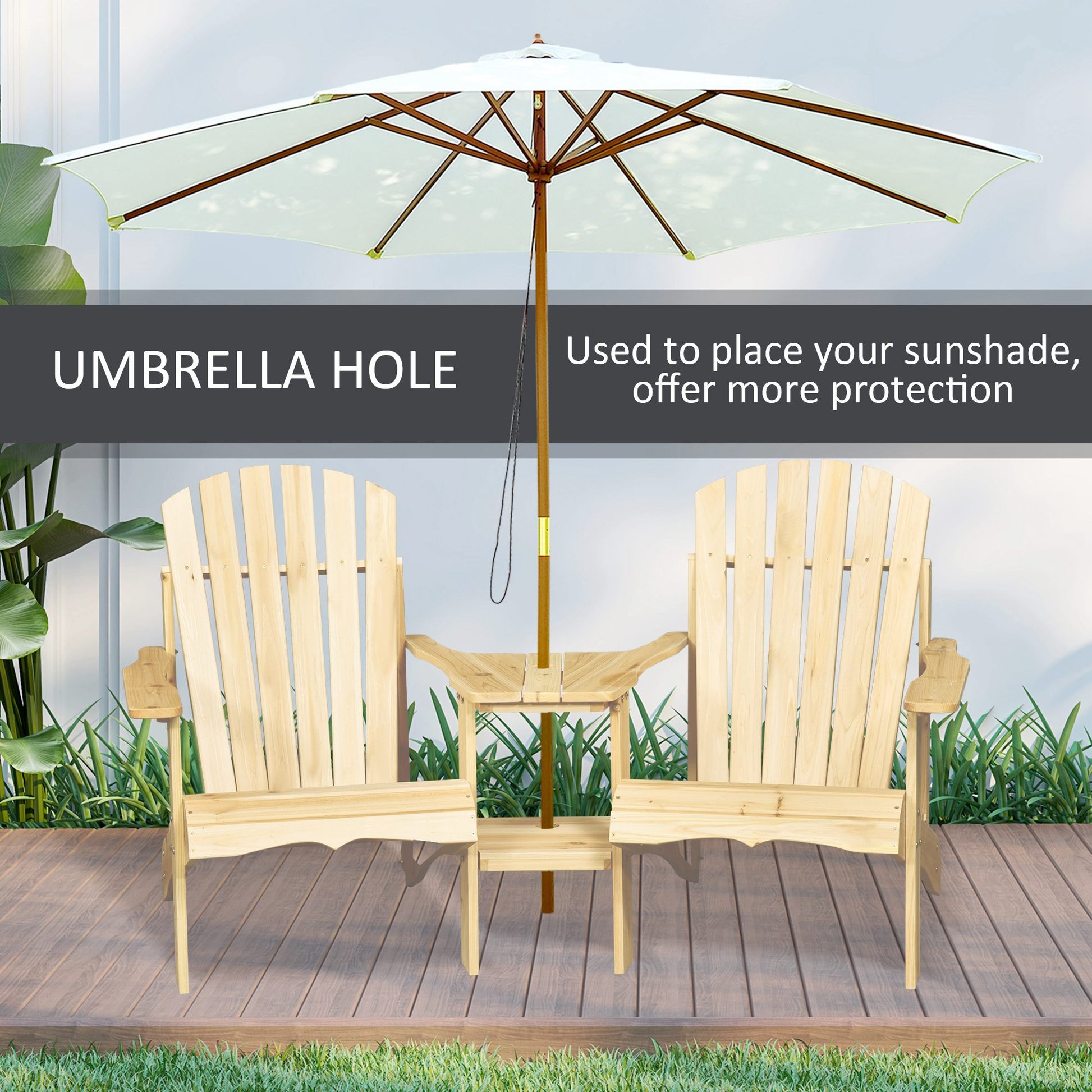 Outsunny Wooden Outdoor Double Adirondack Chairs Loveseat w/ Center Table and Umbrella Hole