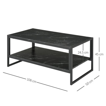 Homcom Two-Tier Laminate Marble Print Table Top Coffee Table w/ Metal Frame Foot Pads Elegant Modern Style 2 Shelves Home Display Storage Unit Living Room