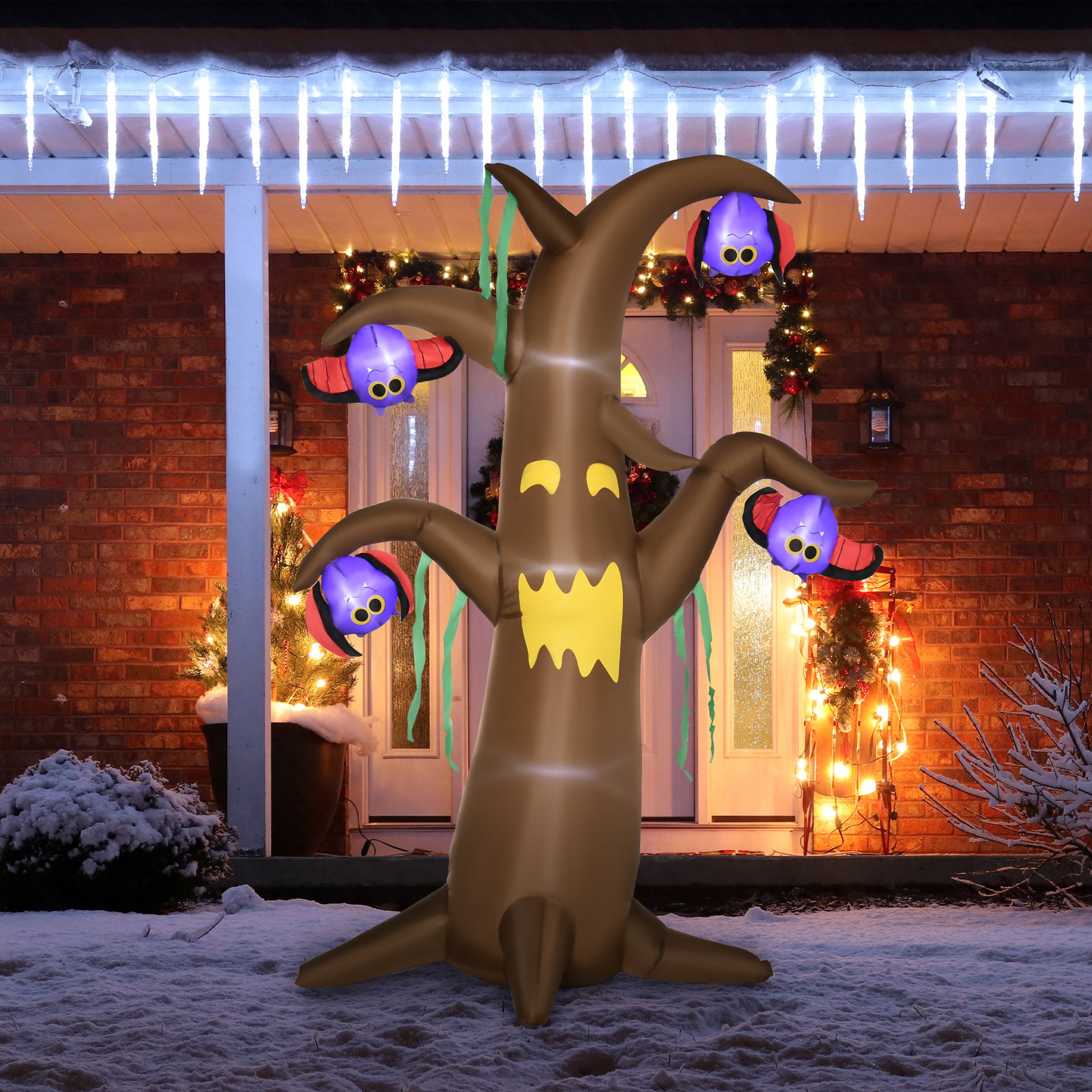 Outsunny 8ft Inflatable Halloween Ghost Tree with Upside-down Bats Showing Teeth Wings