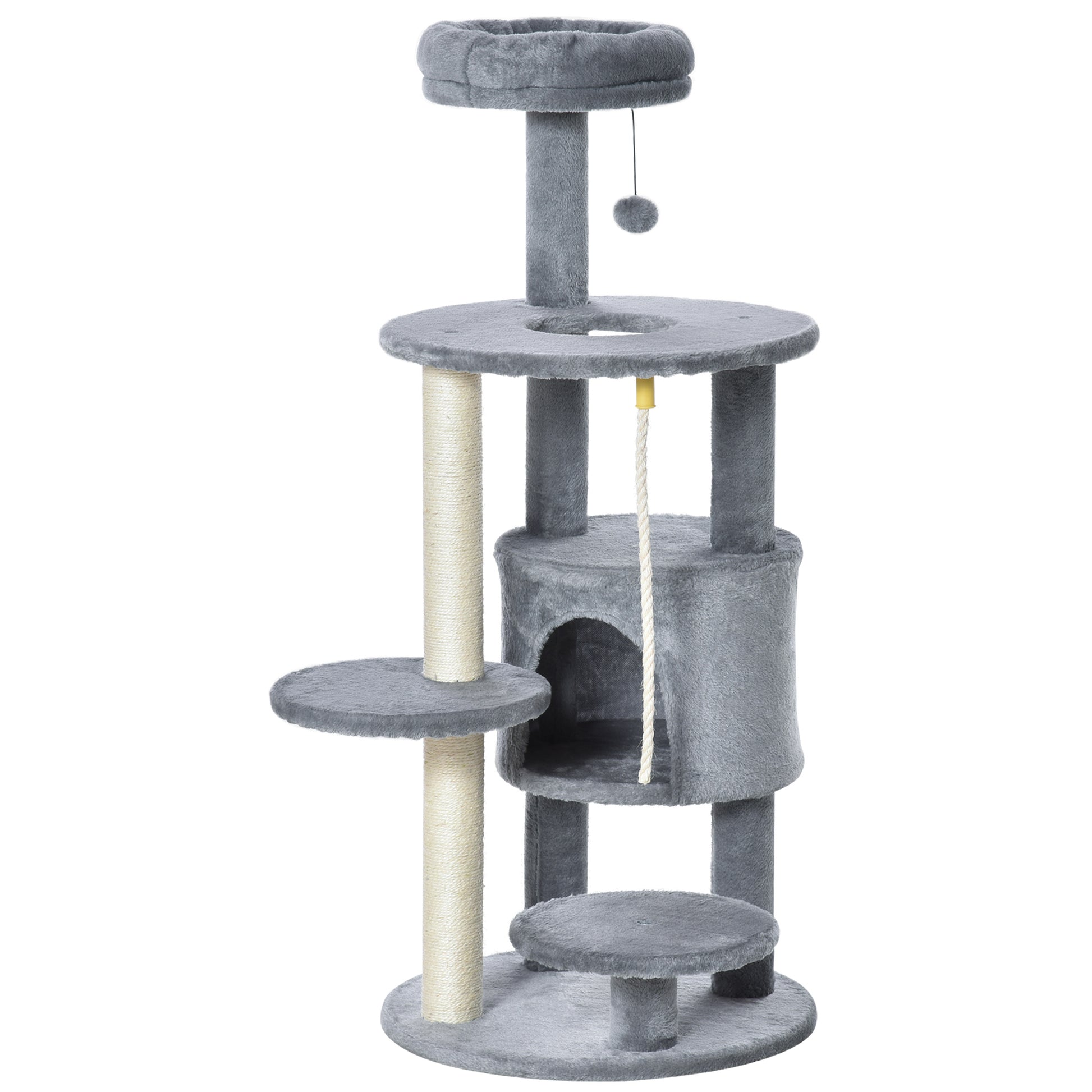 PawHut Cat Tree Tower Activity Center with Hanging Ball Toy Teasing Rope Dark grey