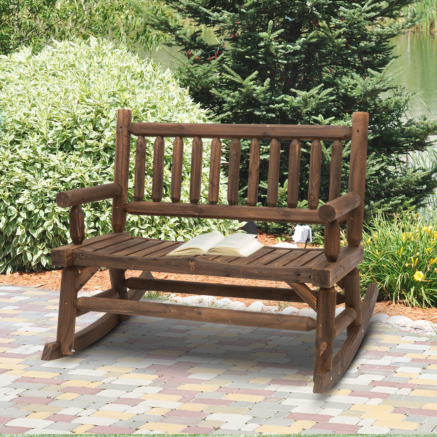 Outsunny Garden 2-Seater Rocking Bench Wood Frame Rough-Cut Log Loveseat Slatted High Back Rustic Style with Armrests Garden Outdoor Furniture - Dark Stain Brown