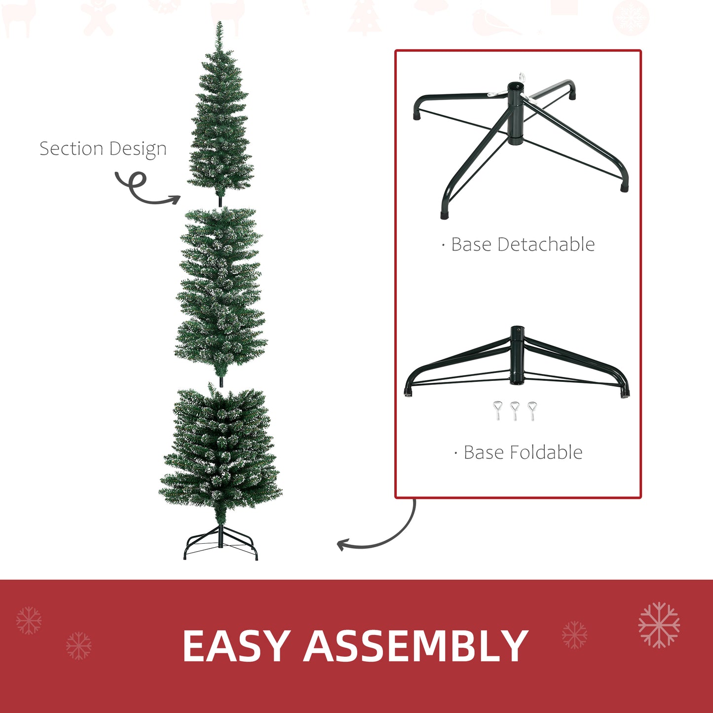 Homcom 7.5FT Artificial Snow Dipped Christmas Tree Xmas Pencil Tree Holiday Home Indoor Decoration with Foldable Black Stand