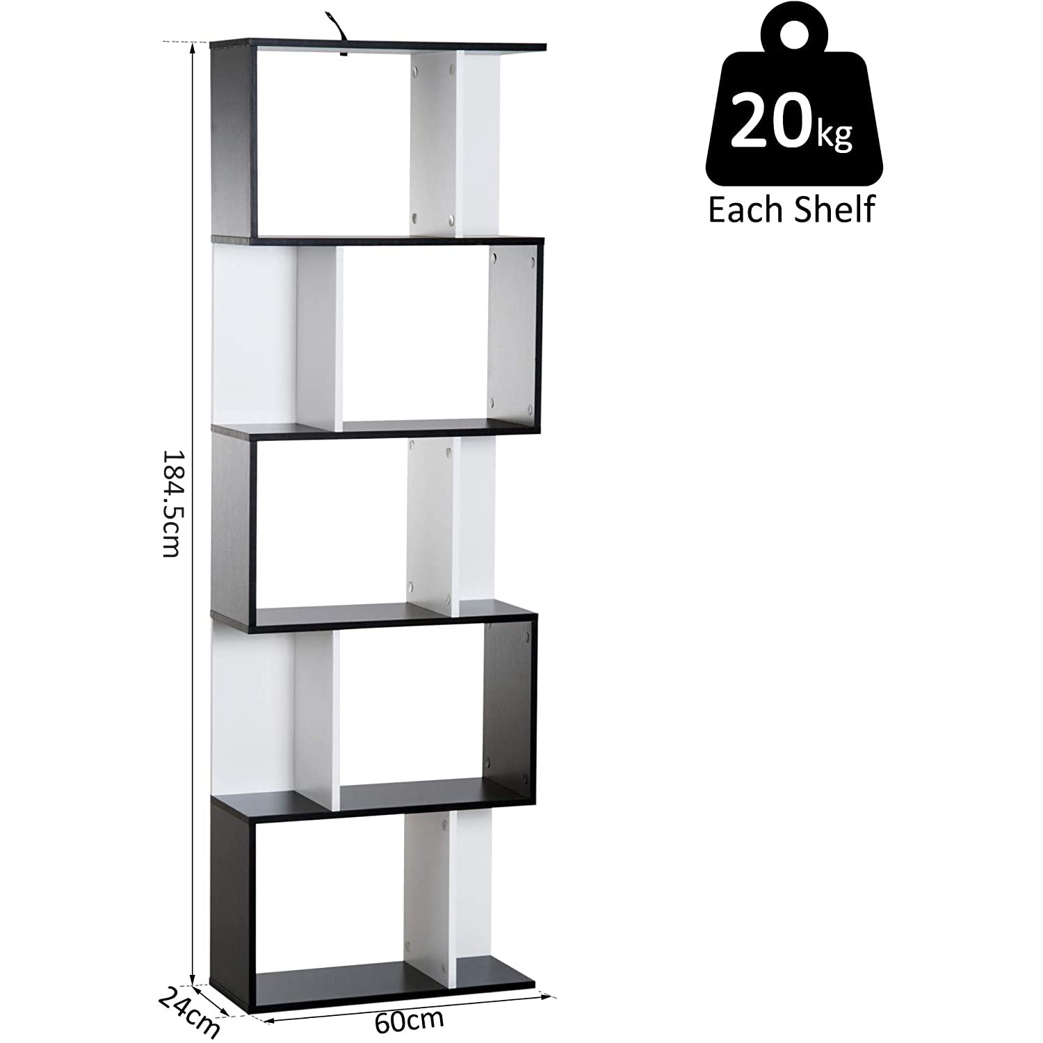 Homcom 5-tier Bookcase Storage Display Shelving S Shape design Unit Divider Black