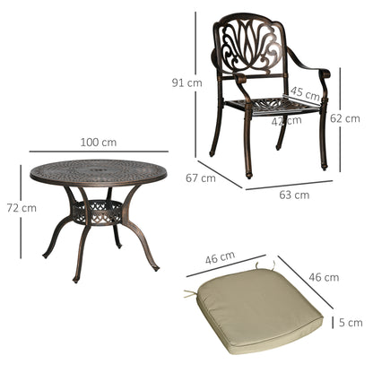 Outsunny 4 Seater Outdoor Dining Set Antique Cast Aluminium Garden Furniture Set with Cushions Round Dining Table with Parasol Hole