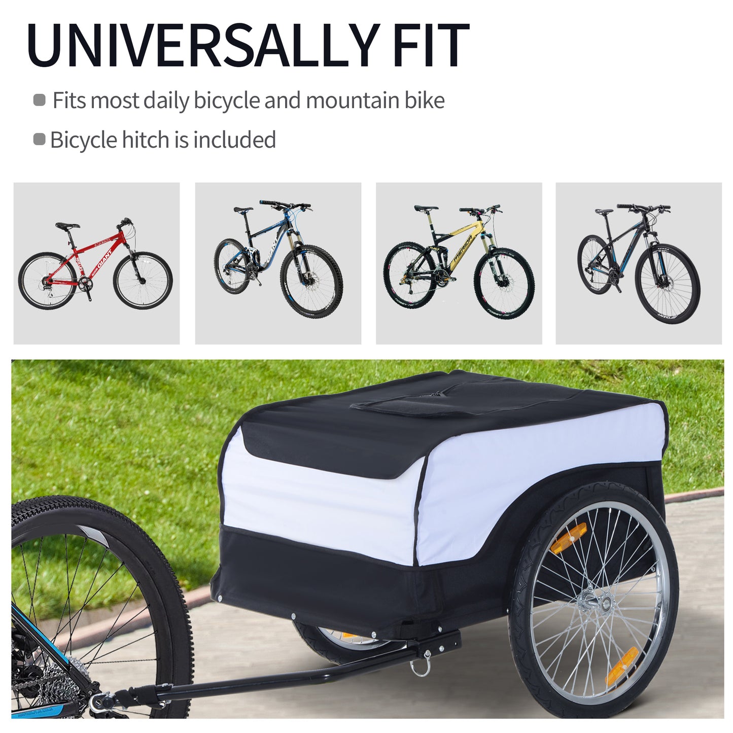 Homcom Bike Trailer Cargo in Steel Frame Extra Bicycle Storage Carrier with Removable Cover and Hitch (White and Black)