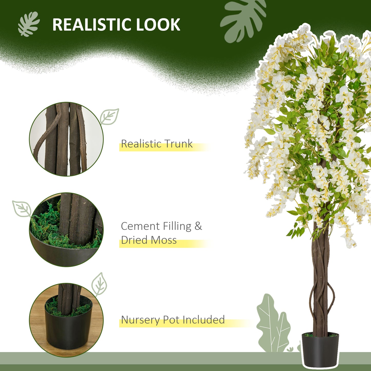 Homcom Artificial Realistic White Wisteria Tree Faux Decorative Plant in Nursery Pot for Indoor Outdoor Décor