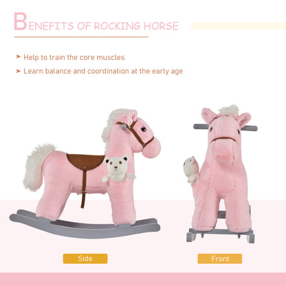 Homcom Kids Plush Ride-On Rocking Horse Toy Rocker with Plush Toy Realistic Sounds for Child 18-36 Months Pink