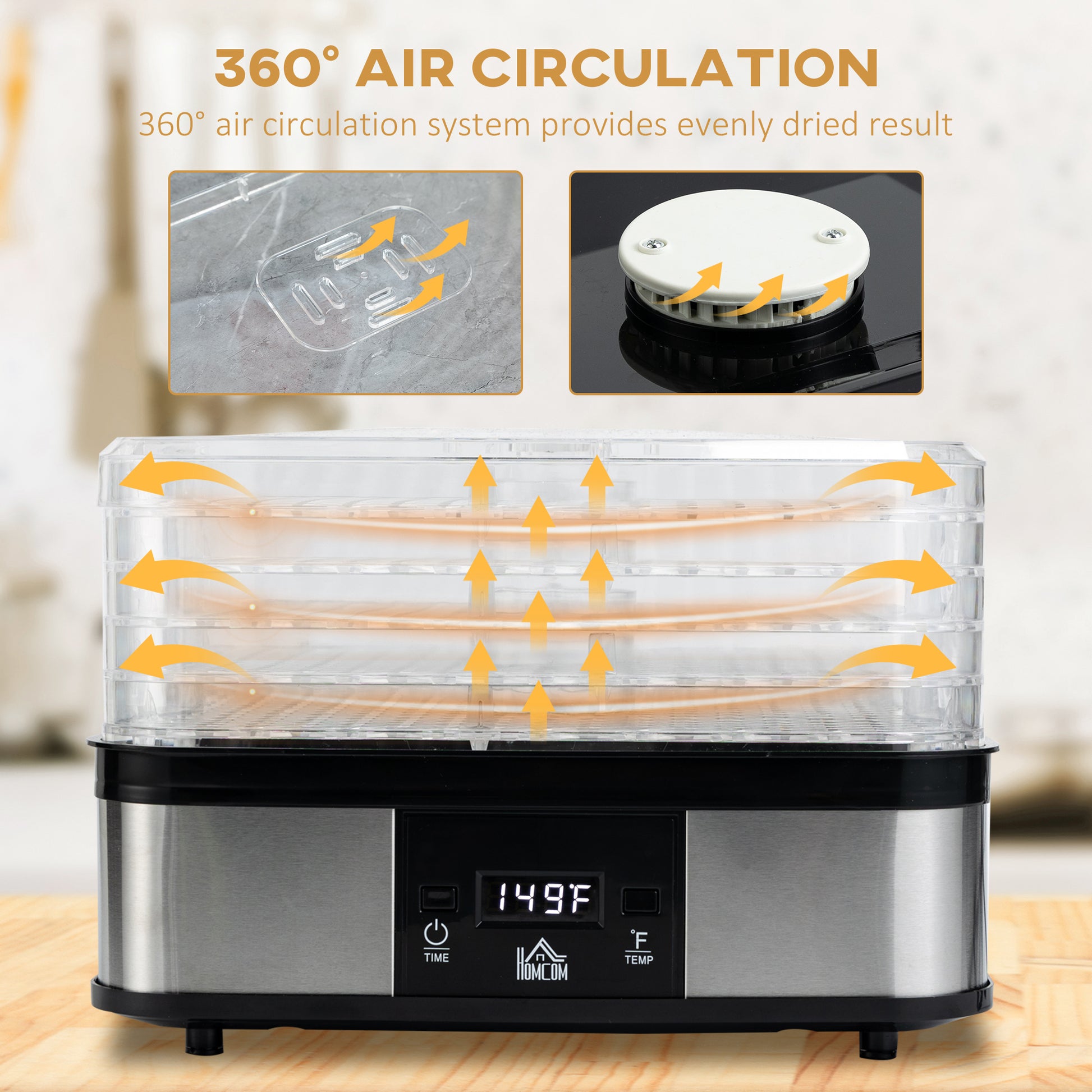 245W 5Kg Five Tray Food Dehydrator With Timer Silver by Homcom