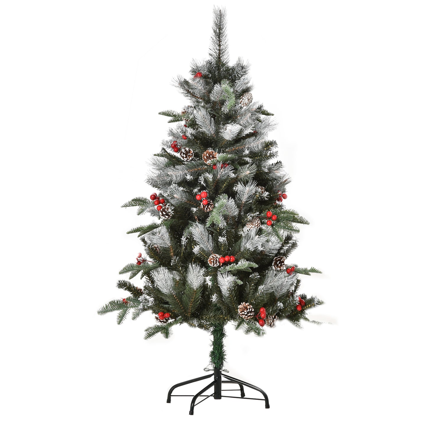 Homcom 4FT Artificial Snow Dipped Christmas Tree Xmas Pencil Tree with Foldable Feet Red Berries White Pinecones