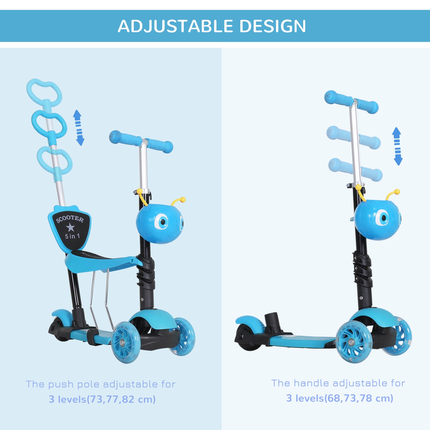 Homcom 5-in-1 Kids Kick Scooter W/Removable Seat-Blue