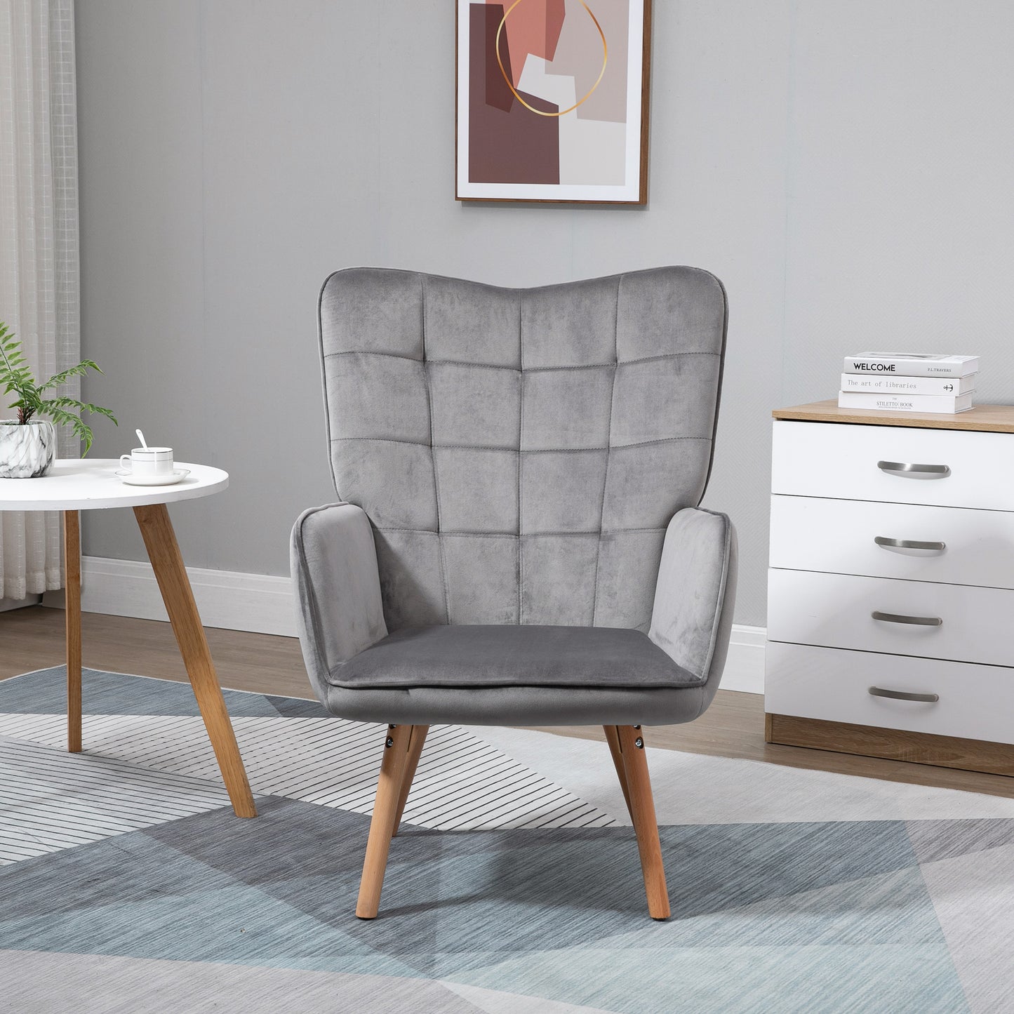 Homcom Accent Chair VelvetTufted Wingback Armchair Club Chair with Wood Legs Grey