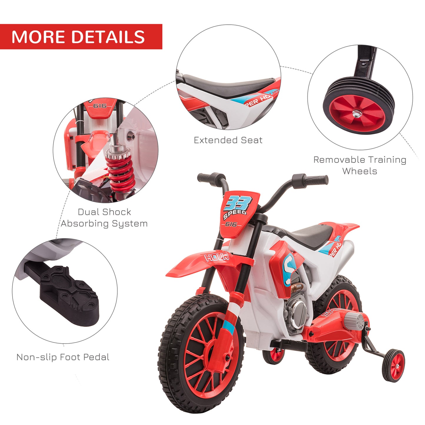 Homcom 12V Kids Electric Motorcycle Ride-On With Training Wheels For Ages 3-6 Years - Red