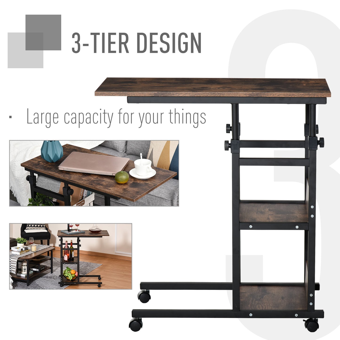 Homcom C-Shaped Side Table Industrial Mobile Rolling End Desk with 3-Tier Storage Shelving