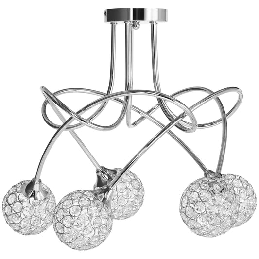 Homcom Modern Crystal Ball Chandelier Ceiling Light Pendant Light with 5 Lampshades 5 G9 Bulbs Required Silver