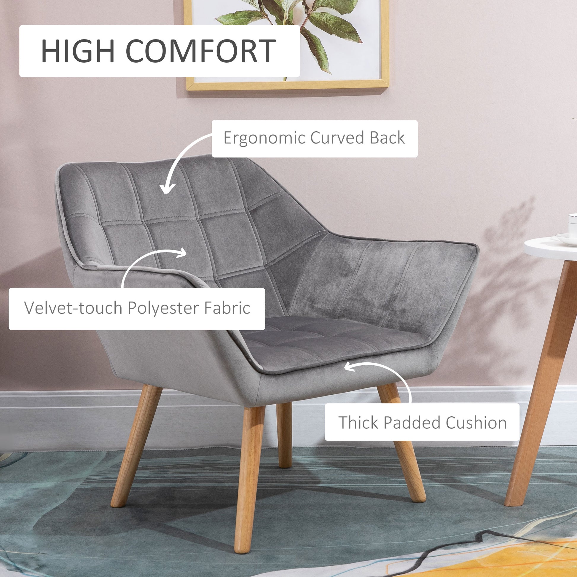 Homcom Armchair Accent Chair Wide Arms Slanted Back Padding Iron Frame Wooden Legs Home Bedroom Furniture Seating Grey