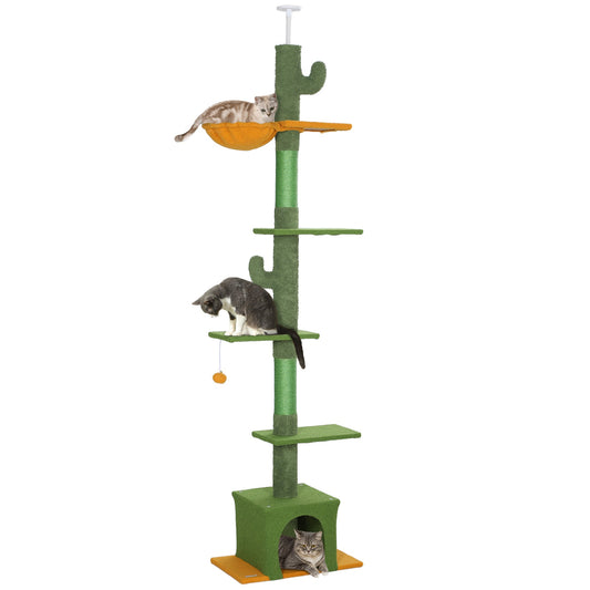 230-275cm Floor-to-Ceiling Adjustable Cat Tree with Scratching Posts, Hammock-0