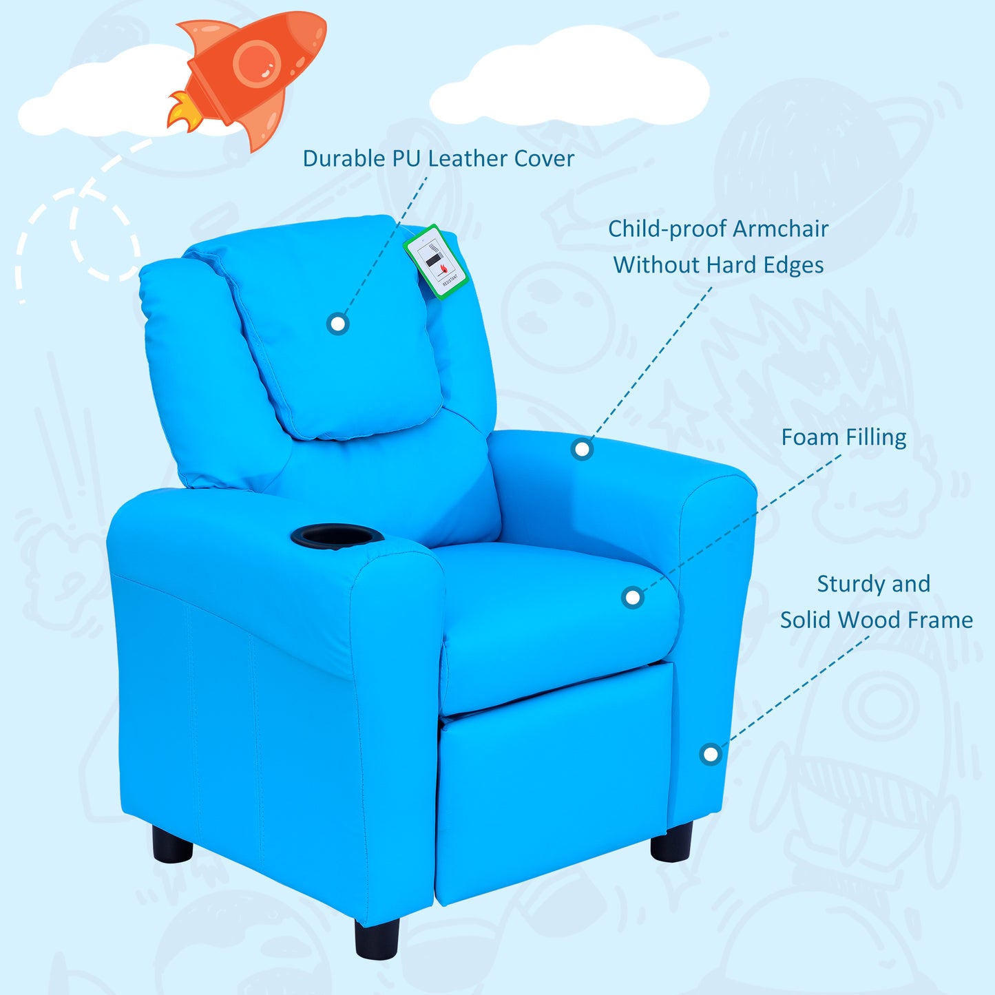 Homcom Kids Children Recliner Lounger Armchair Games Chair Sofa Seat PU Leather Look w/ Cup Holder (Blue)