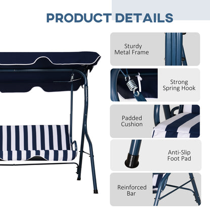 Outsunny 3 Seater Canopy Swing Chair Outdoor Garden Bench With Adjustable Canopy And Metal Frame - Blue Stripes