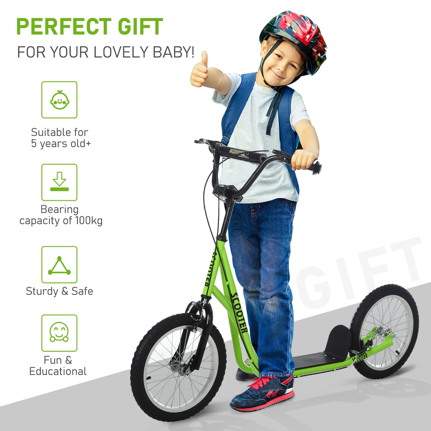 Homcom 90-96cm Kids Kick Scooter w/ Adjustable Handlebar Inflatable Wheels Brakes Green