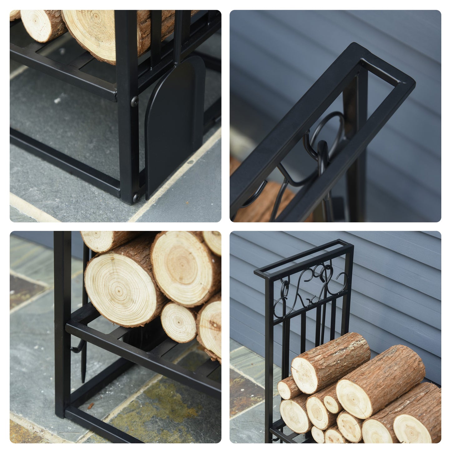 Outsunny Steel Slatted Log Rack w/ Tools Black