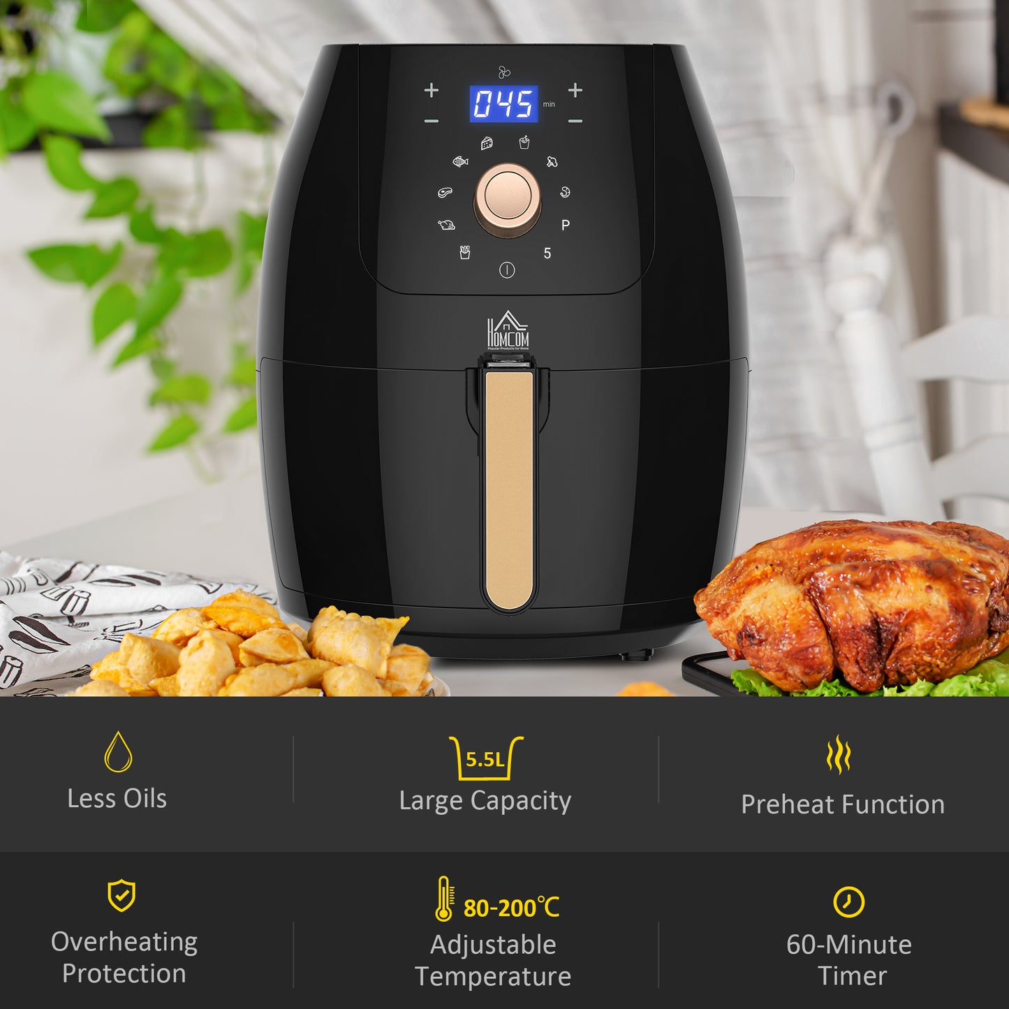 Homcom Air Fryers 1700W 5.5L with Digital Display Rapid Air Circulation System Adjustable Temperature 60 Min Timer for Healthy Oil Free Low Fat Cooking Nonstick Basket