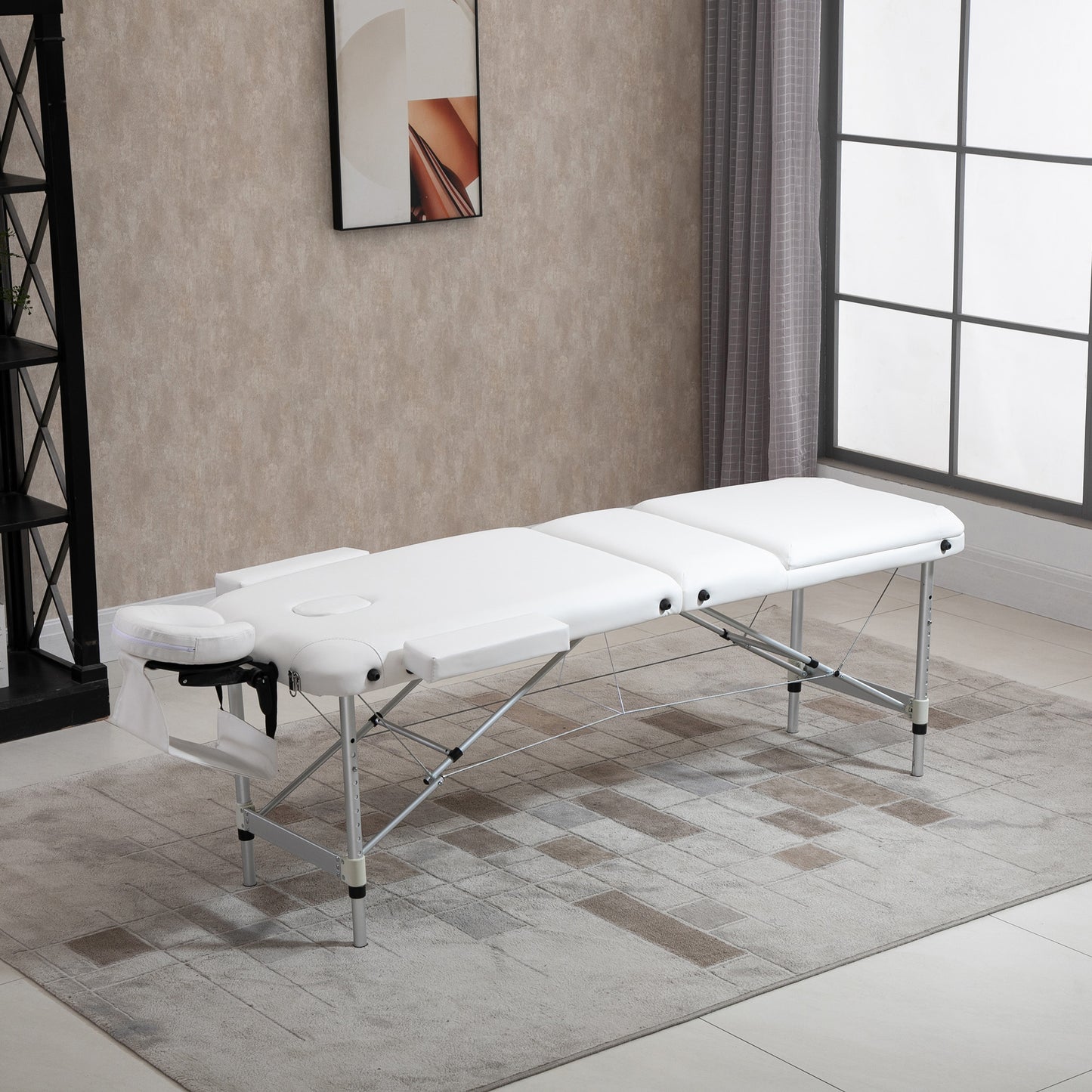 Homcom Folding PVC Leather Massage Table Aluminium Frame w/ Headrest Armrests Padding Handle Carry Bag Adjustable Height 3-Way Tri-Fold Salon Professional Bed Beauty White