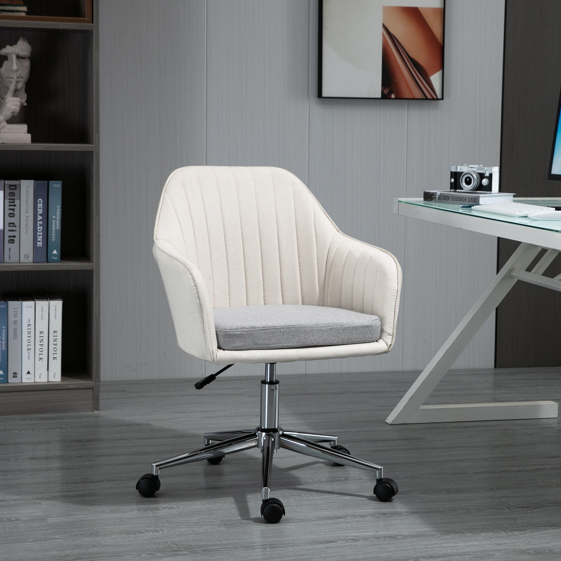 Vinsetto Leisure Office Chair Linen Swivel Computer Desk Chair Study With Wheel Beige