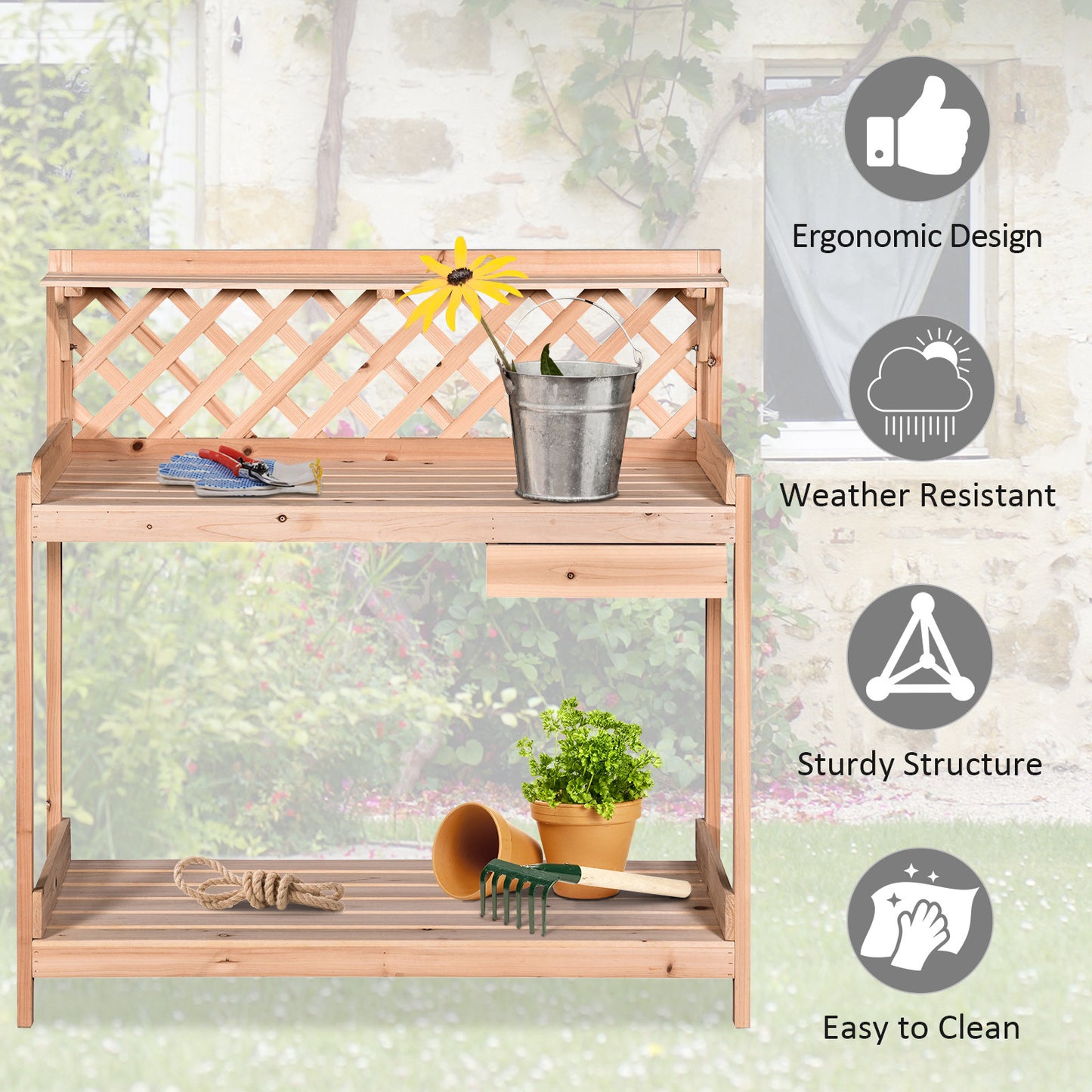 Outsunny Fir Wood Outdoor Garden Potting Table w/ Drawer