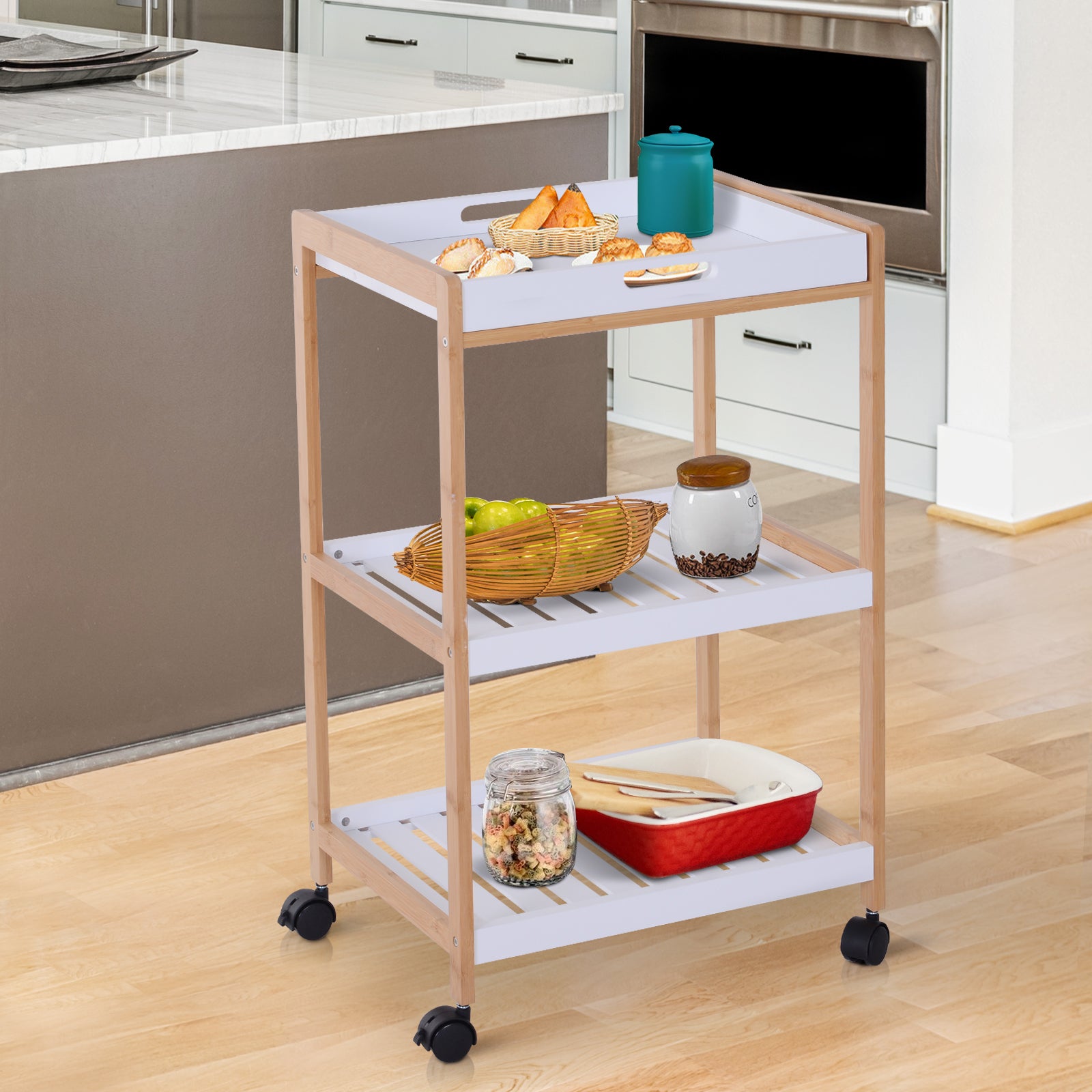 Homcom 3-Tier Mobile Kitchen Trolley Cart Storage Shelves Rack Rolling Wheels White 46 x 35 x 74.5 cm