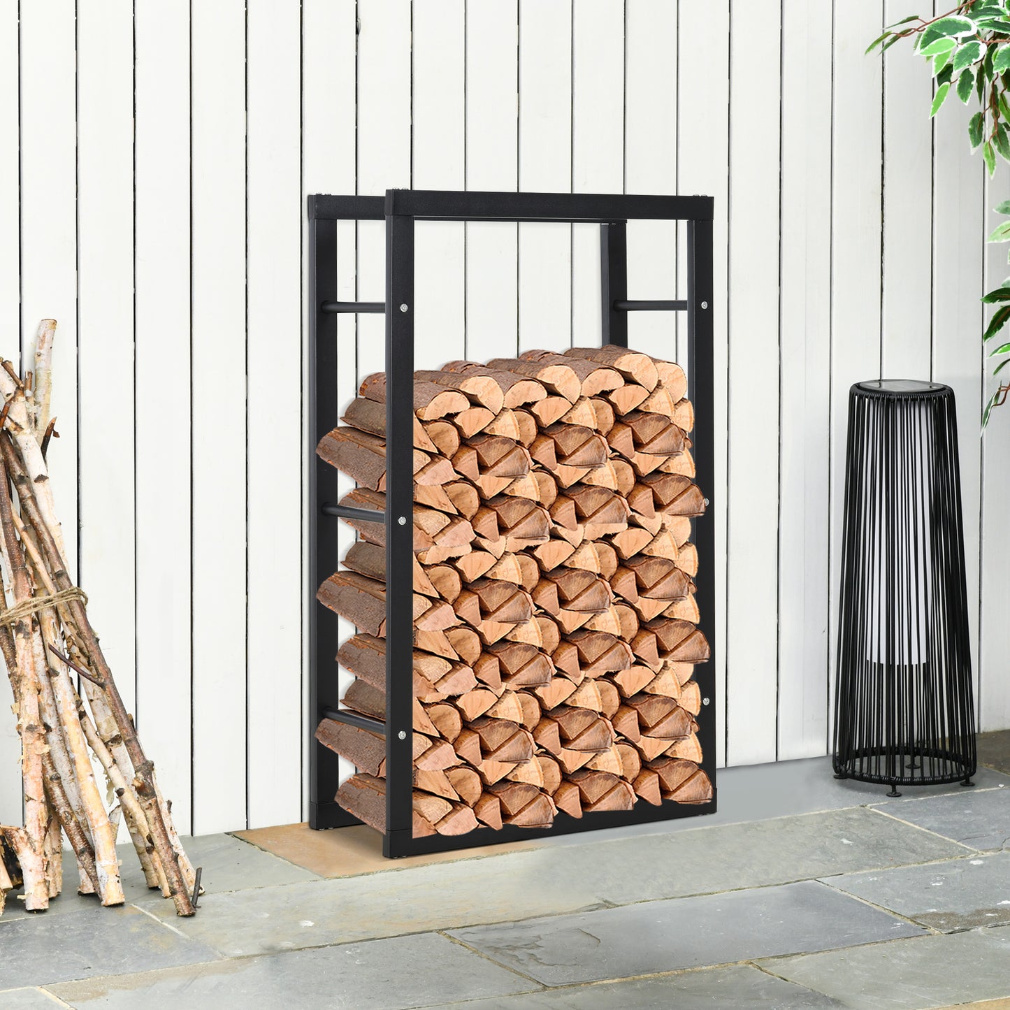 Homcom Metal Firewood Log Holder Tall Firewood Rack Indoor Outdoor Fireplace Wood Storage Shelf with Side Rails