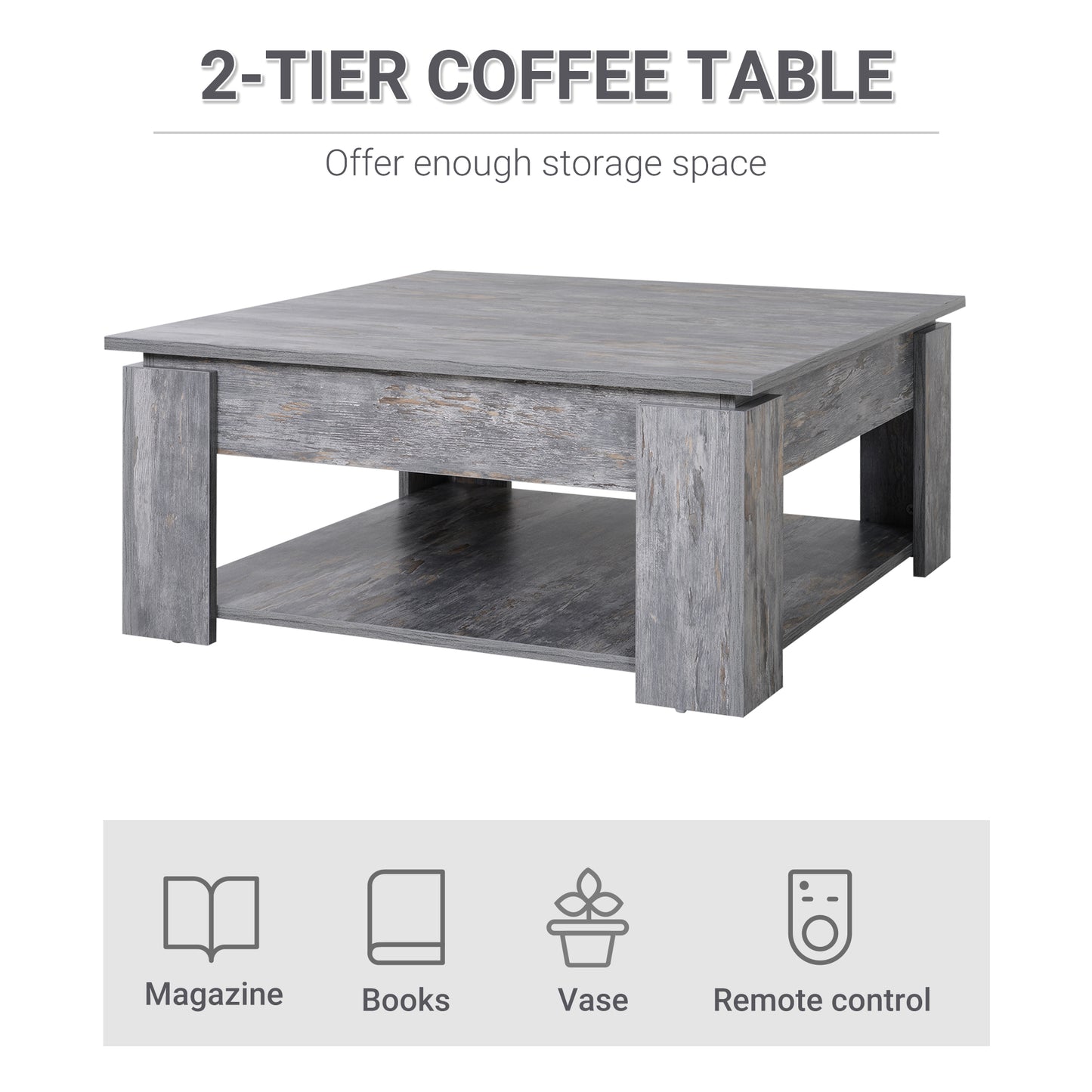 Homcom 2 Tier Wood Coffee Table Side Table Bottom Storage Shelf Simple Modern Living Room Grey Wood Grain