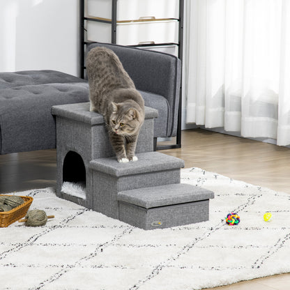 PawHut Dog Steps 3-step Pet Stairs with Kitten House and 2 Storage Boxes